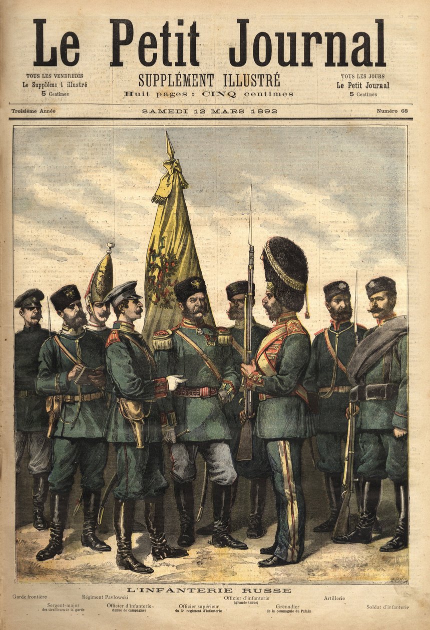 Mundury piechoty rosyjskiej, sprzymierzonej z Francją, od lewej do prawej: pogranicznik, sierżant major gwardii, pułk Pawłowskiego, oficer, przełożony, grenadier pałacowy, mundur artyleryjski i żołnierz. Grawerowanie autorstwa Unknown artist
