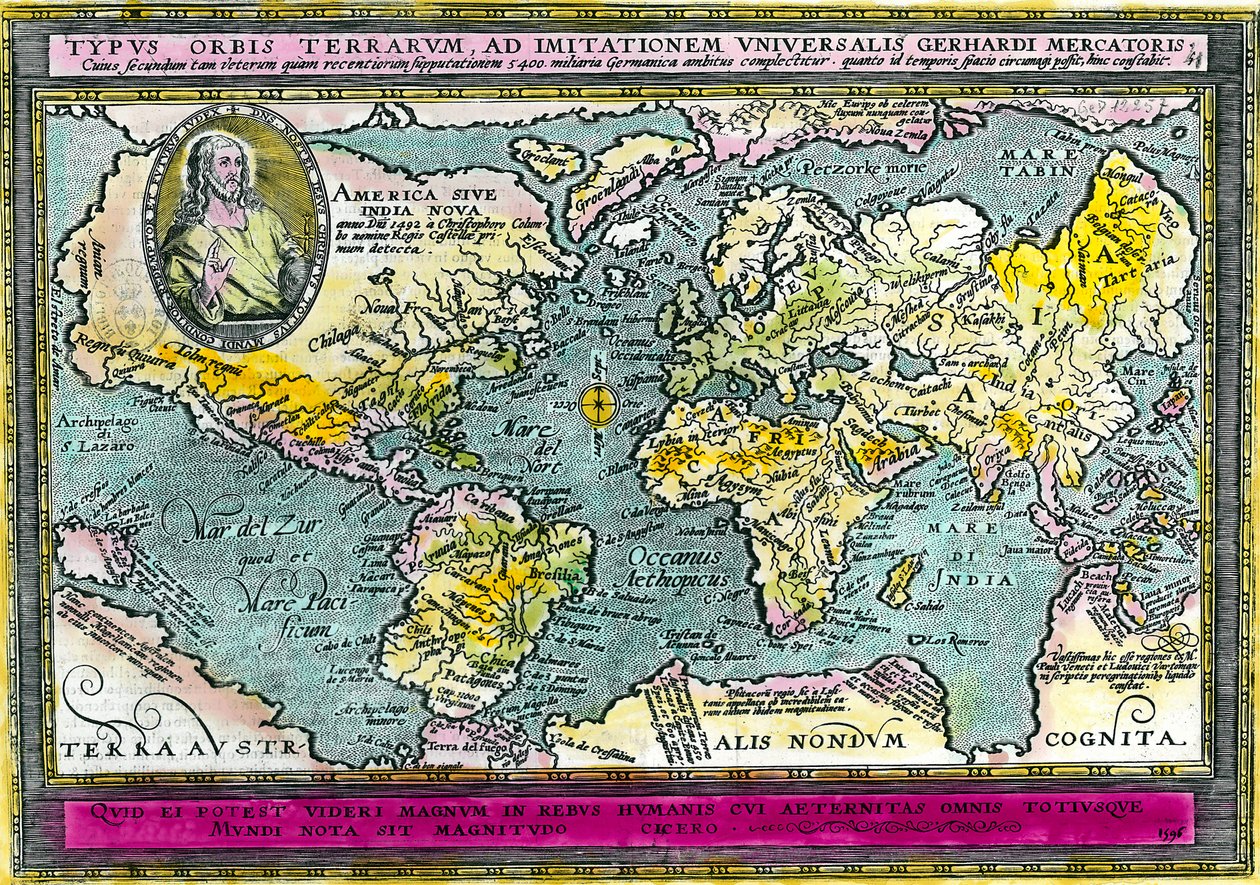 Uniwersalna mapa geograficzna (mapa świata) z 1596 r. Grawerowanie. Prywatna kolekcja. autorstwa Unknown artist