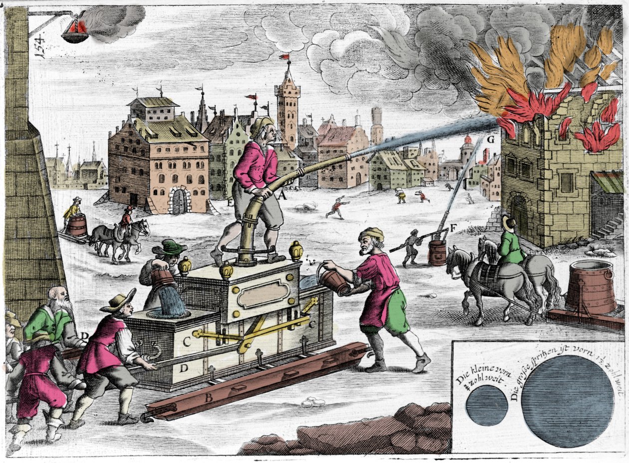 Użycie pompy pożarniczej przez straż pożarną. Grawer z „”Theatrum Machinarum novum”” Georga Andreasa Bocklera (1644-1698) autorstwa Unknown artist
