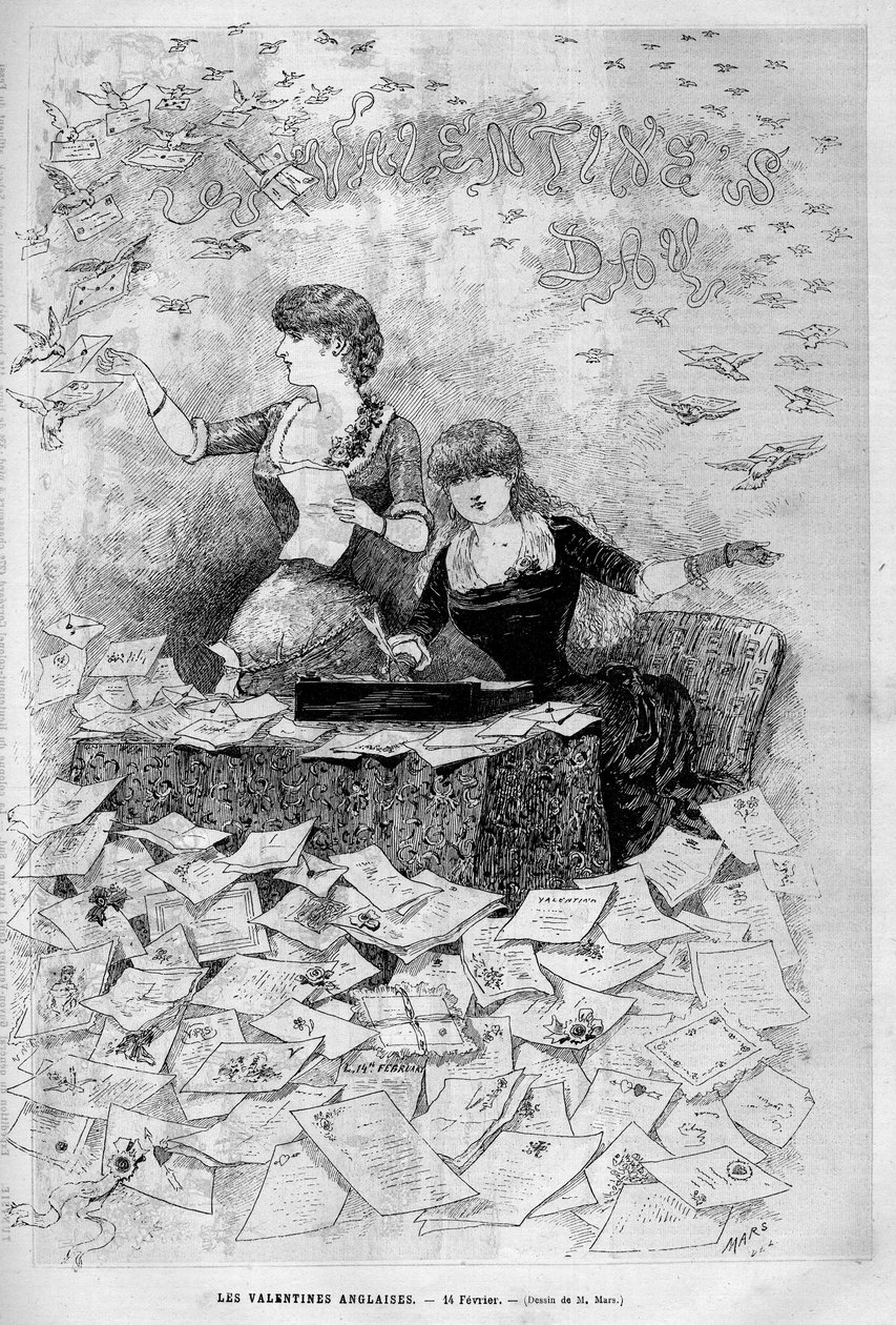Walentynki (Walentynki) 14 lutego: Angielskie walentynki piszą i otrzymują listy miłosne od swoich walentynek. Grawer w „Le Monde illustrious” 1883. Ze zbiorów prywatnych. autorstwa Unknown artist