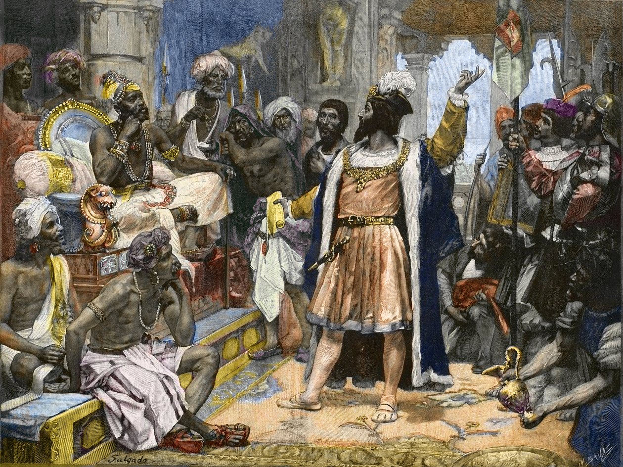 Vasco da Gama dostarcza list króla Manuela Portugalii Samorim z Kalikatu - po malowaniu ok. autorstwa Unknown artist