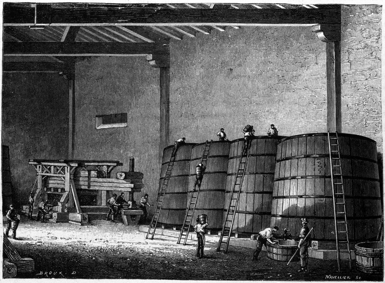 Kadzie i prasy używane w piwnicach win Burgundii Clos Vougeot Grawerowanie XIX wieku autorstwa Unknown artist