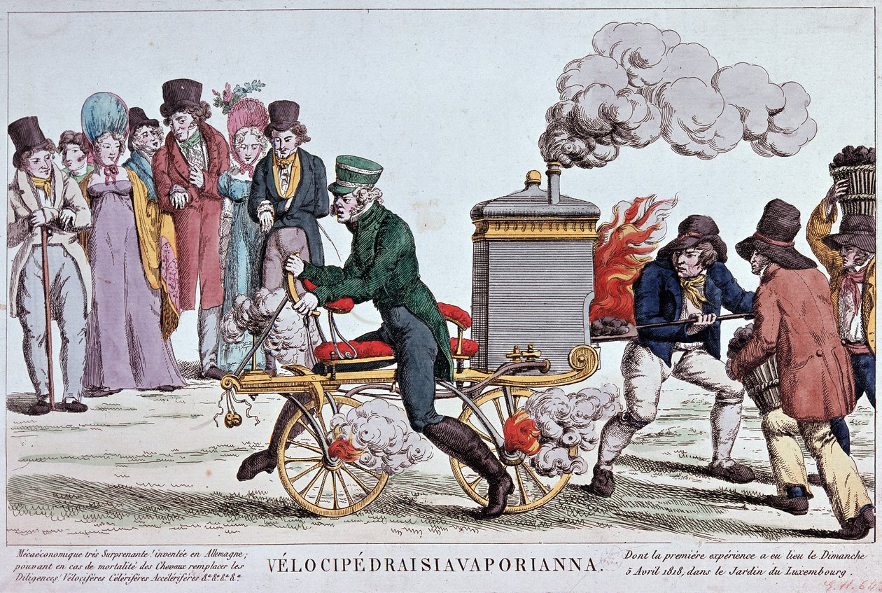 Velocipedraisiavaporianna: welocyped parowy - rycina ok. 1818, Bibl. miasta Paryża. autorstwa Unknown artist