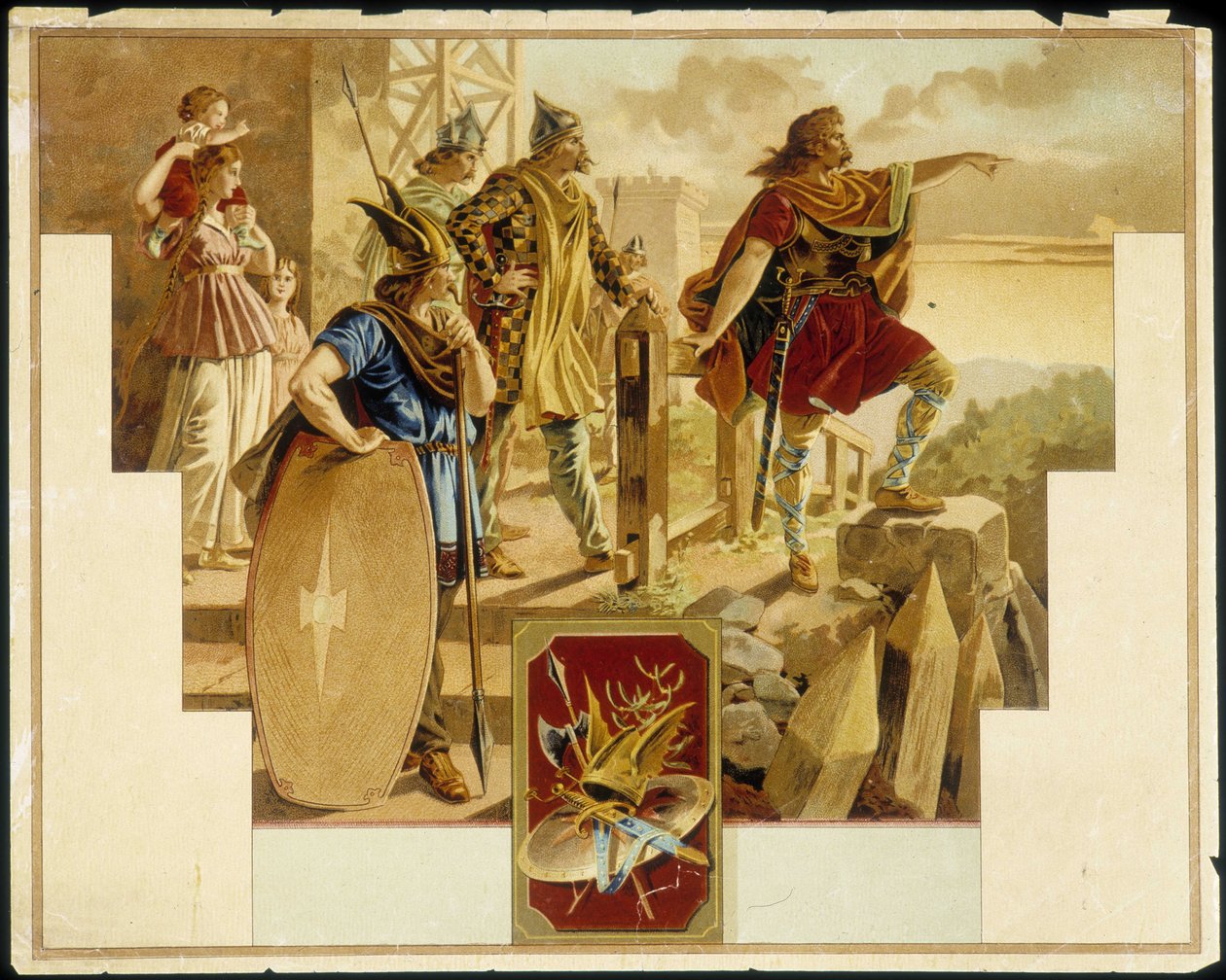 Wercyngetoryks w otoczeniu Galów, wojowników, kobiet i dzieci - Chromolitografia autorstwa Unknown artist
