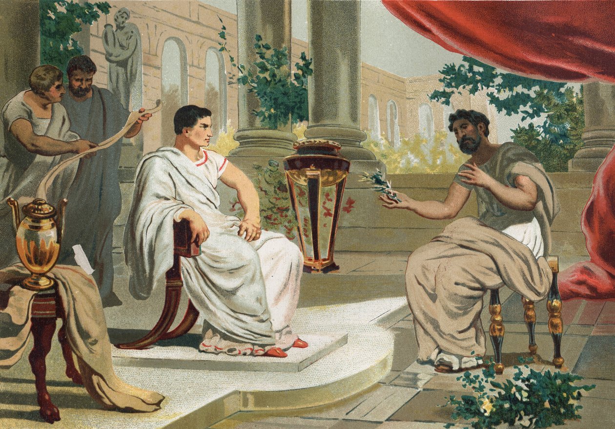 Wespazjan (po łacinie Titus Flavius Vespasianus) z Pliniuszem Starszym. po słynnych hombres y Mujeres. Barcelona 1877. Pliniusz Starszy (23-79) - autorstwa Unknown artist