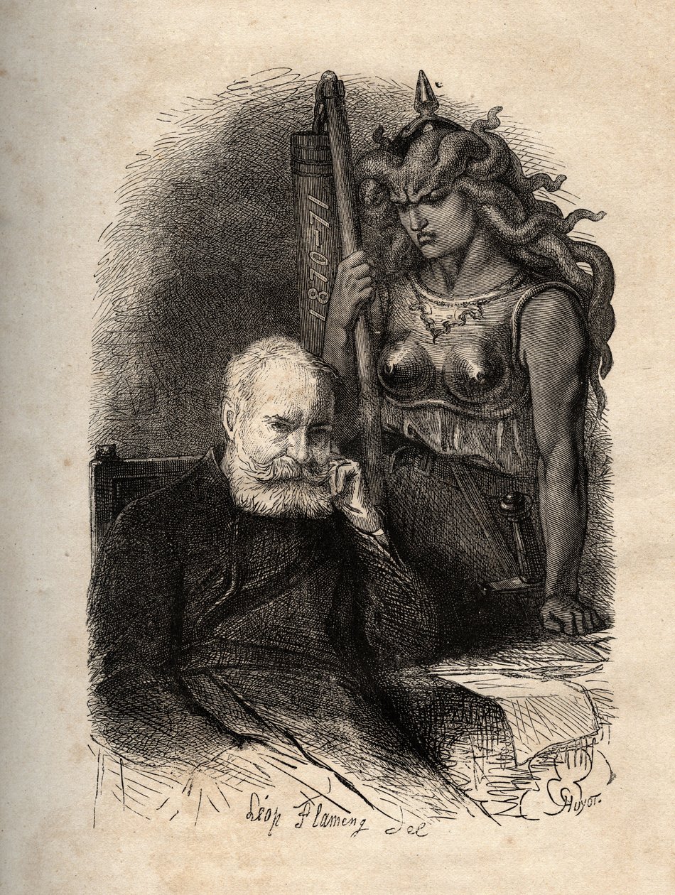 Victor Hugo siedzący z boginią wojny – rycina z „Straszny rok” („Straszny rok”), seria wierszy, które opowiadają o Oblężeniu i traumie utraty tak – Victora Hugo, haante par la bogini grawerunek de la guerre w „” L