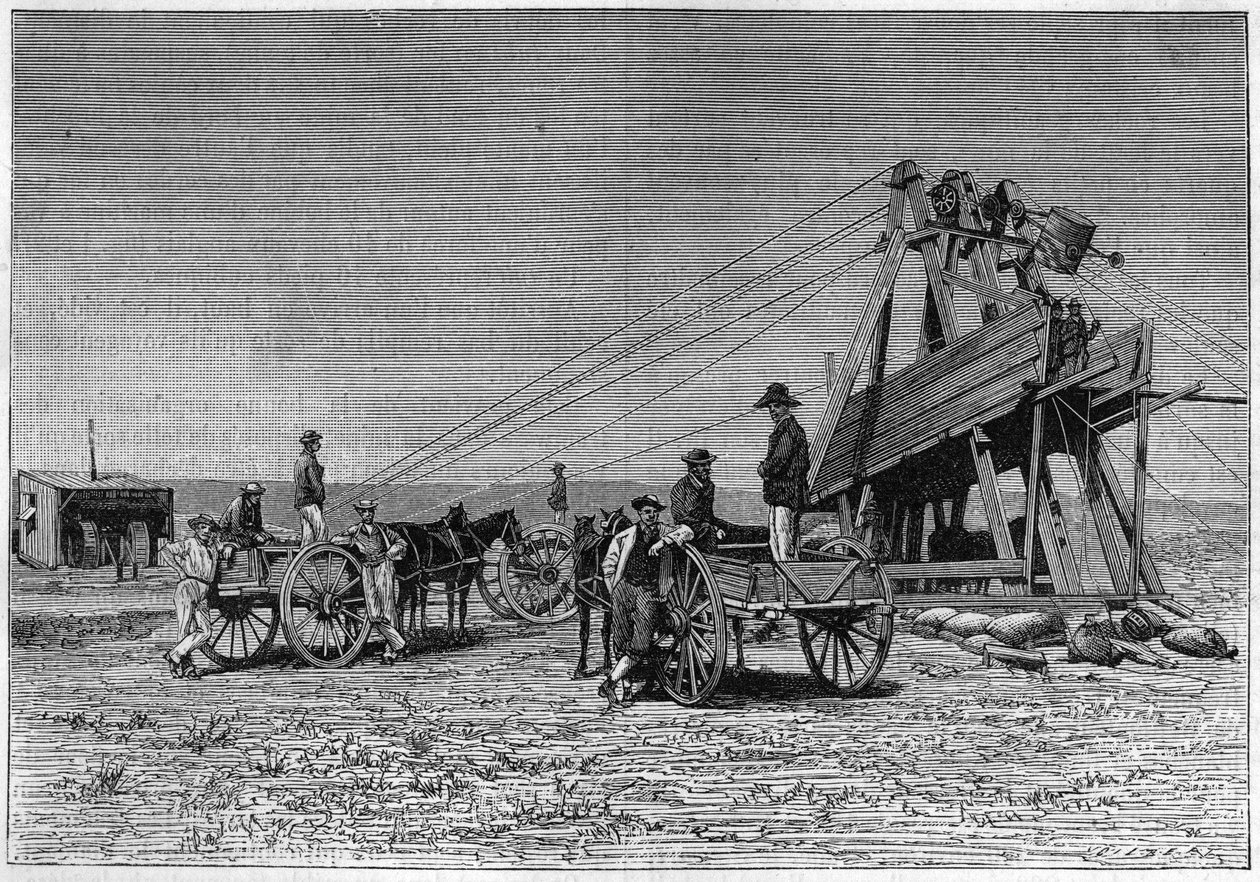 Widok z powierzchni kopalni diamentów Kimberley w RPA. Grawerowanie z 1883 roku. autorstwa Unknown artist