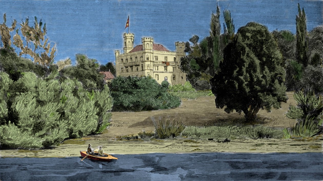 Widok na zamek Berg i jezioro Stamberg, gdzie znaleziono ciało Ludwika II Baviere (Ludwig II von Bayern lub Ludwig Otto Frederik Wilhelm von Wittelsbach (1845-1886)). autorstwa Unknown artist