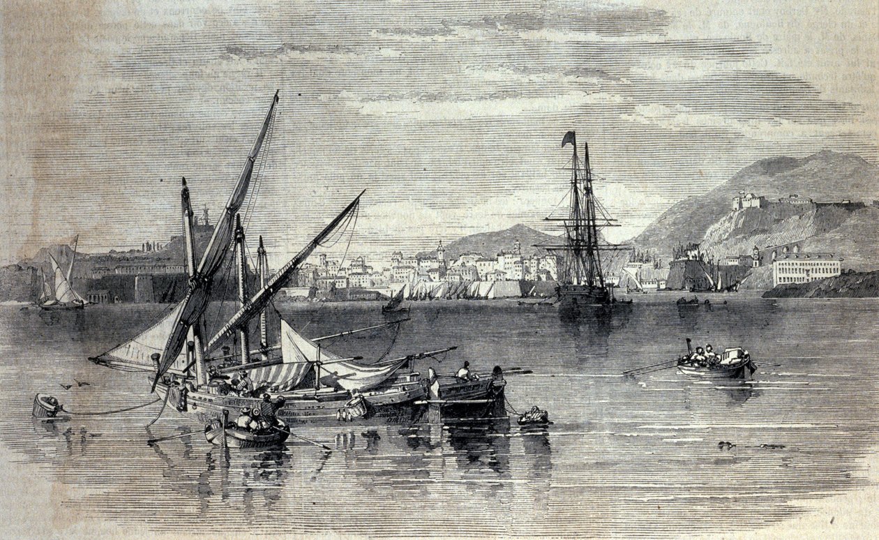 Widok na Korfu w Grecji z wyspy Vido. Grawerunek z początku XIX wieku autorstwa Unknown artist