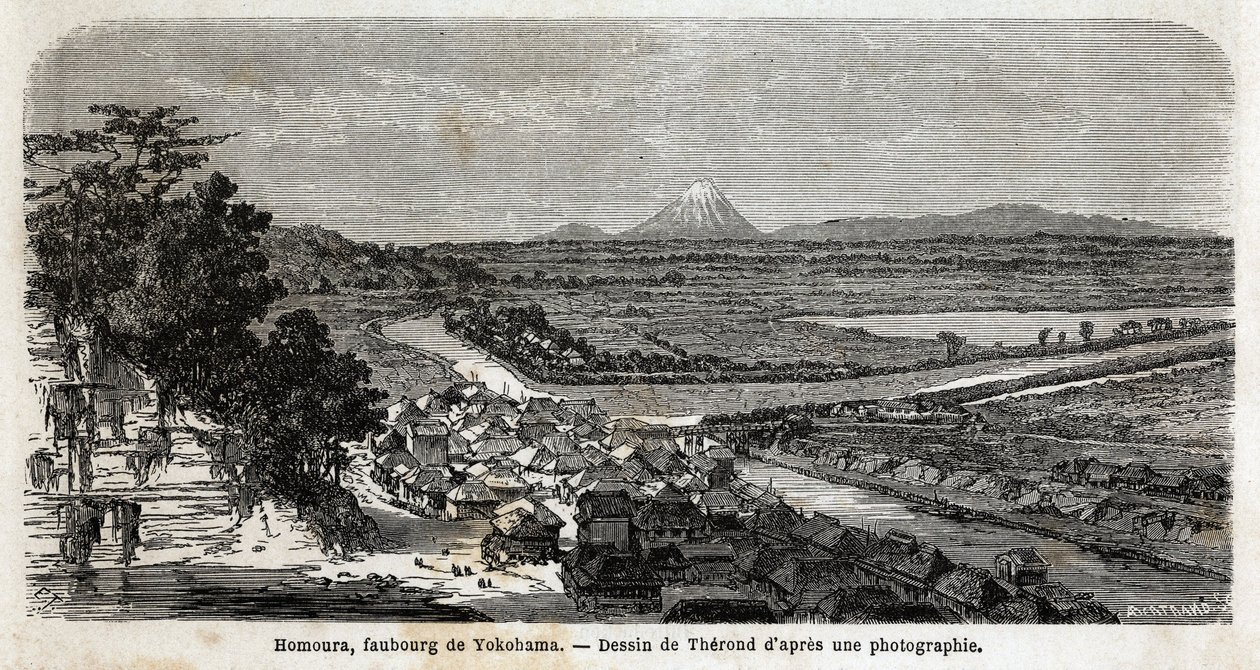 Widok Homoura, przedmieście Jokohamy, z górą Fuji w tle. Rycina ilustrująca podróż do Japonii w latach 1863-1864, autorstwa Aime Humberta, ministra Konfederacji Szwajcarskiej, w „Le tour du monde, nouveau journal des voyages”, wydanej pod autorstwa Unknown artist