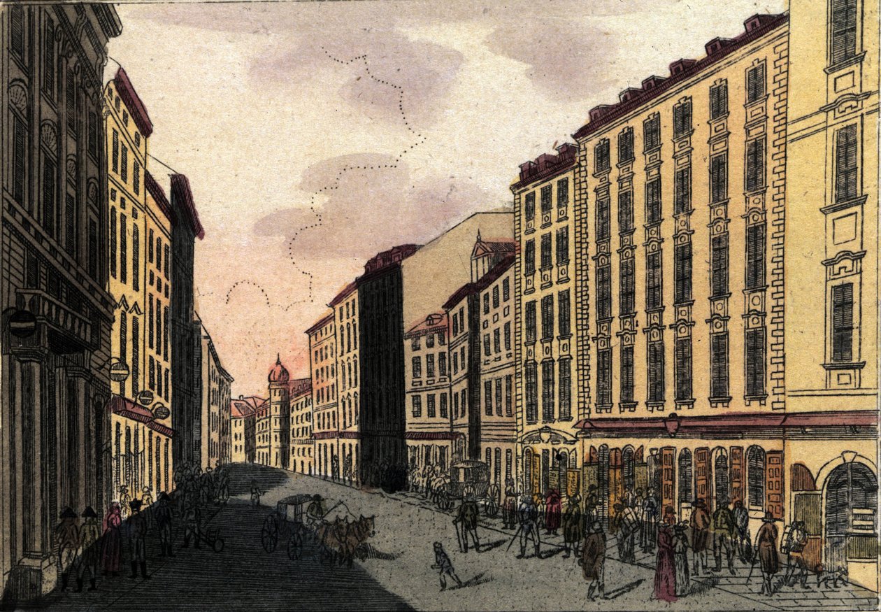 Widok ulicy Kohlmarkt w Wiedniu, Austria Grawerowanie z 1820 r. autorstwa Unknown artist