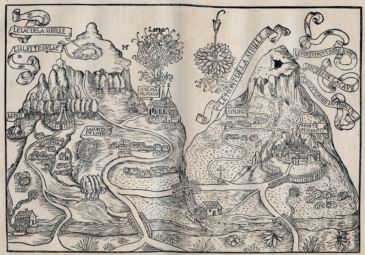 Widok na górę Sybille (Raj królowej Sybilli) (Podwójna mapa Góry Piłata i Góry Sybilli) - Antoine de La Sale (La Salle) Francuski pisarz satyryczny z XV wieku. autorstwa Unknown artist