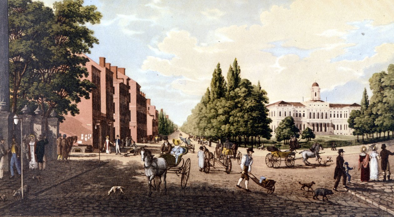 Widok na Nowy Jork: Broadway i ratusz. Litografia SD około połowy XIX wieku. autorstwa Unknown artist