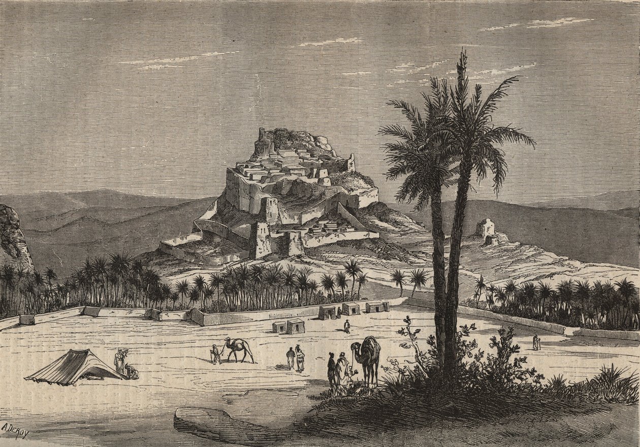 Widok Oued el Golea (El Menia lub El Menea dawniej El Golea) w Algierii na południu prowincji Oran pod koniec XIX wieku - rycina autorstwa Unknown artist
