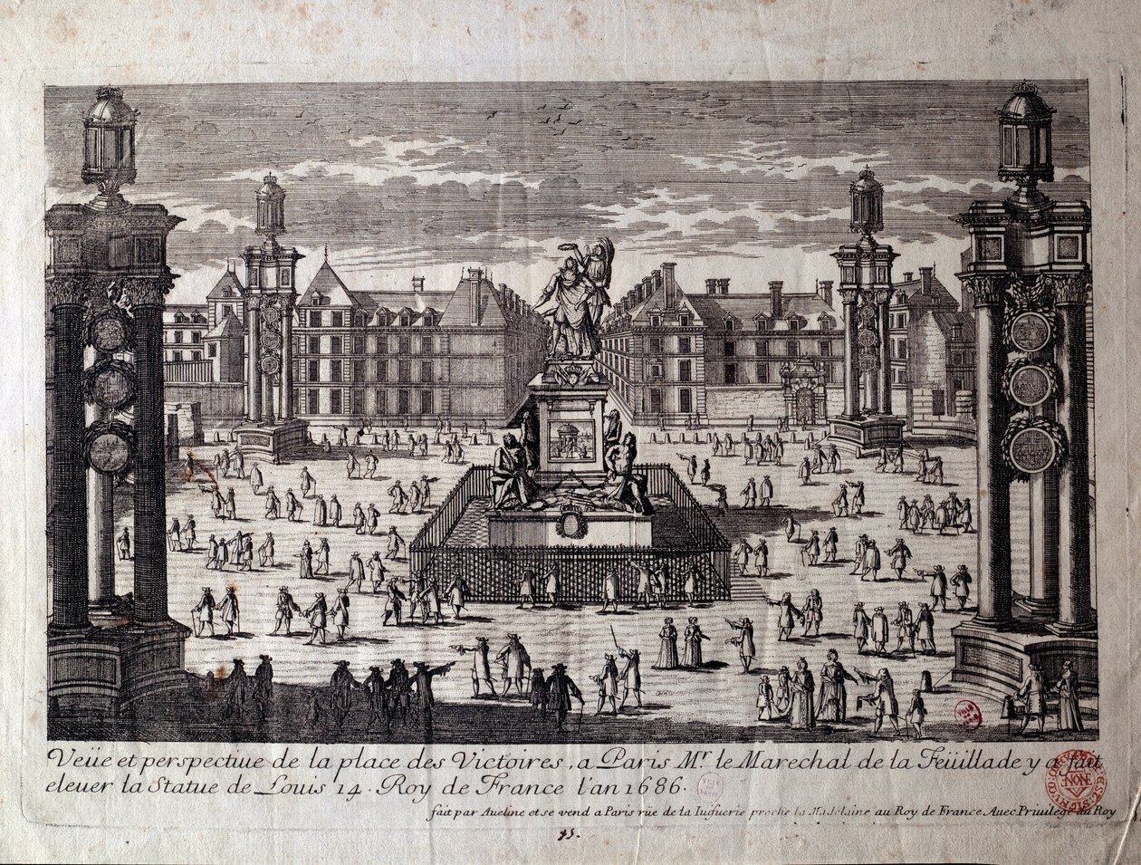 Widok na Place des Victoires w Paryżu z posągiem Ludwika XIV wzniesionym przez marszałka de la Feuillade w 1686 roku. Rycina Paryża z XVII wieku, Musee Carnavalet autorstwa Unknown artist