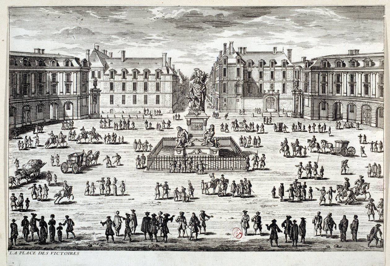 Widok na Place des Victoires w Paryżu z posągiem Ludwika XIV wzniesionym przez marszałka de la Feuillade w 1686 roku. Rycina Paryża z XVII wieku, Musee Carnavalet autorstwa Unknown artist