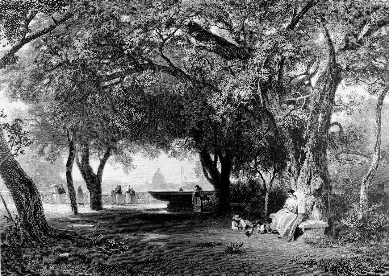 Widok na Rzym z Pincio, gdzie stoi Villa Medici. W tle widzimy kopułę św. Piotra. Grawerowanie, ok. 1840 r. autorstwa Unknown artist