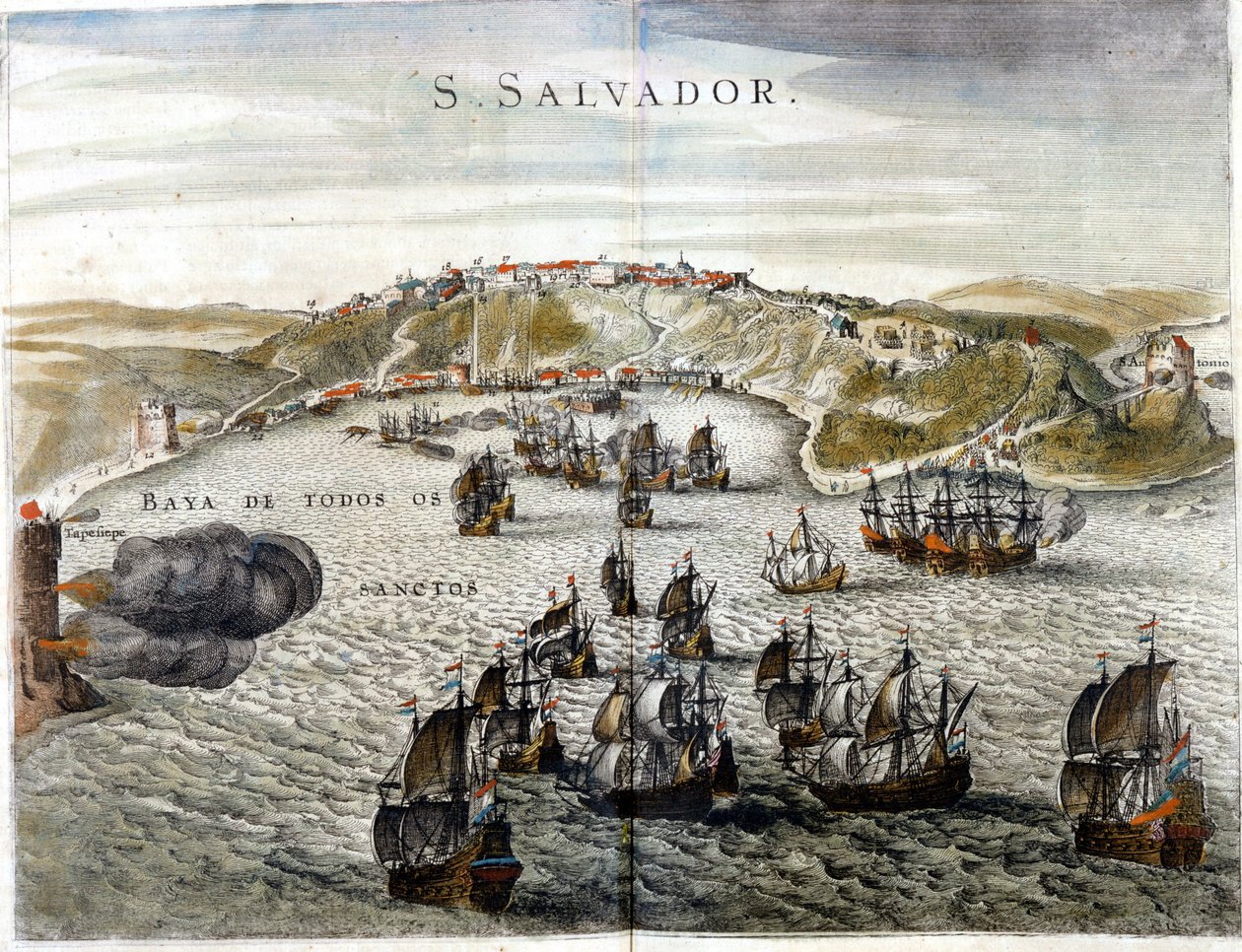 Widok Salvadoru, dawniej Bahia, stolicy Brazylii w 1549 roku, kiedy została założona - Rycina z XVI wieku autorstwa Unknown artist