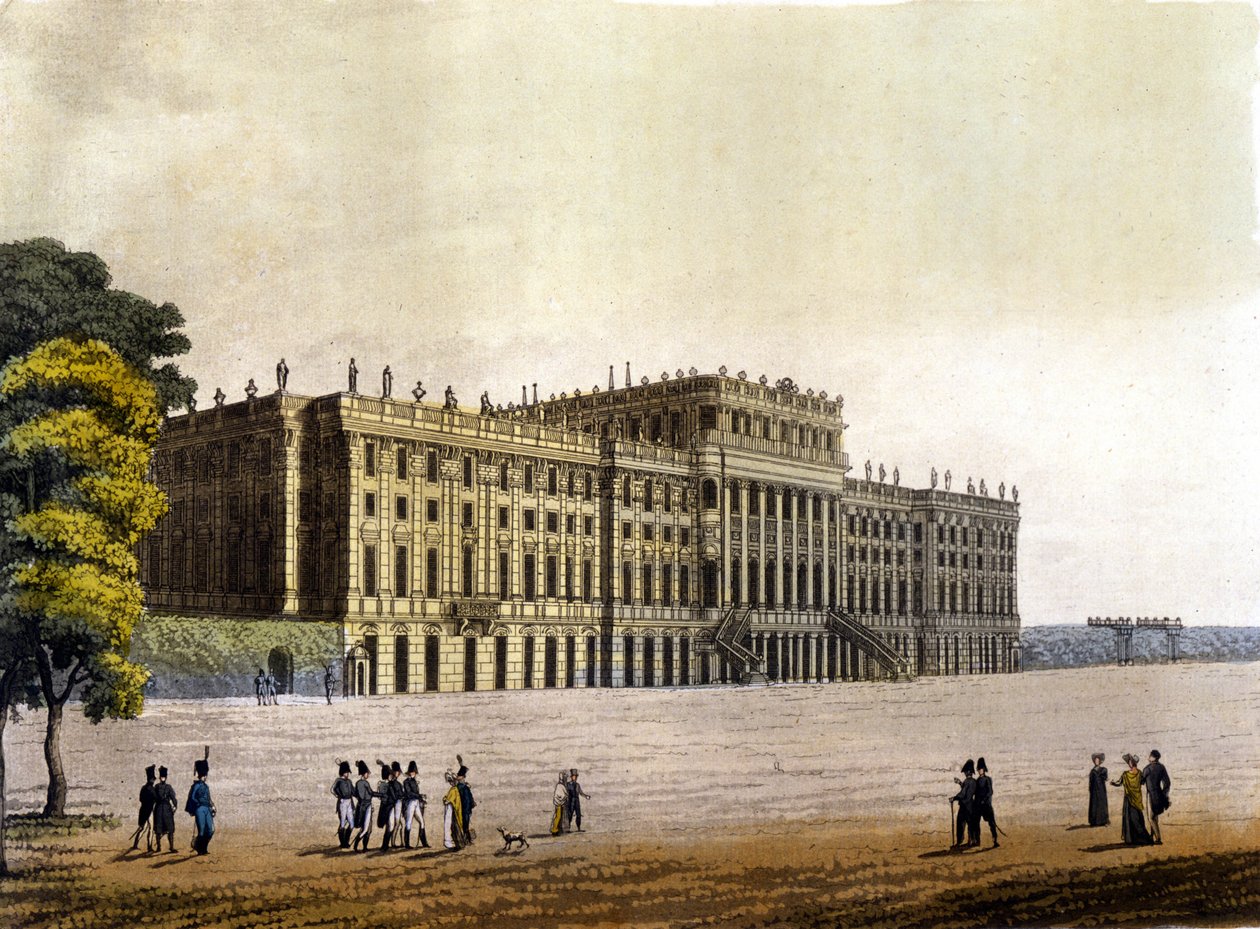 Widok zamku Schonbrunn, dawnej rezydencji austriackiej rodziny cesarskiej, Wiedeń, Austria, rycina około 1830 autorstwa Unknown artist