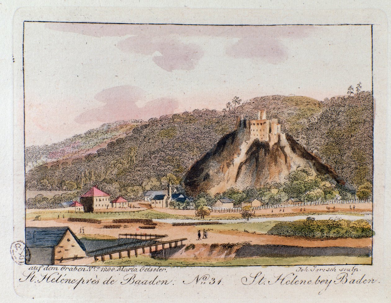 Widok na St. Helene (St. Helene) w Baden w Austrii. Grawer z 1815 r. Kolekcja prywatna autorstwa Unknown artist