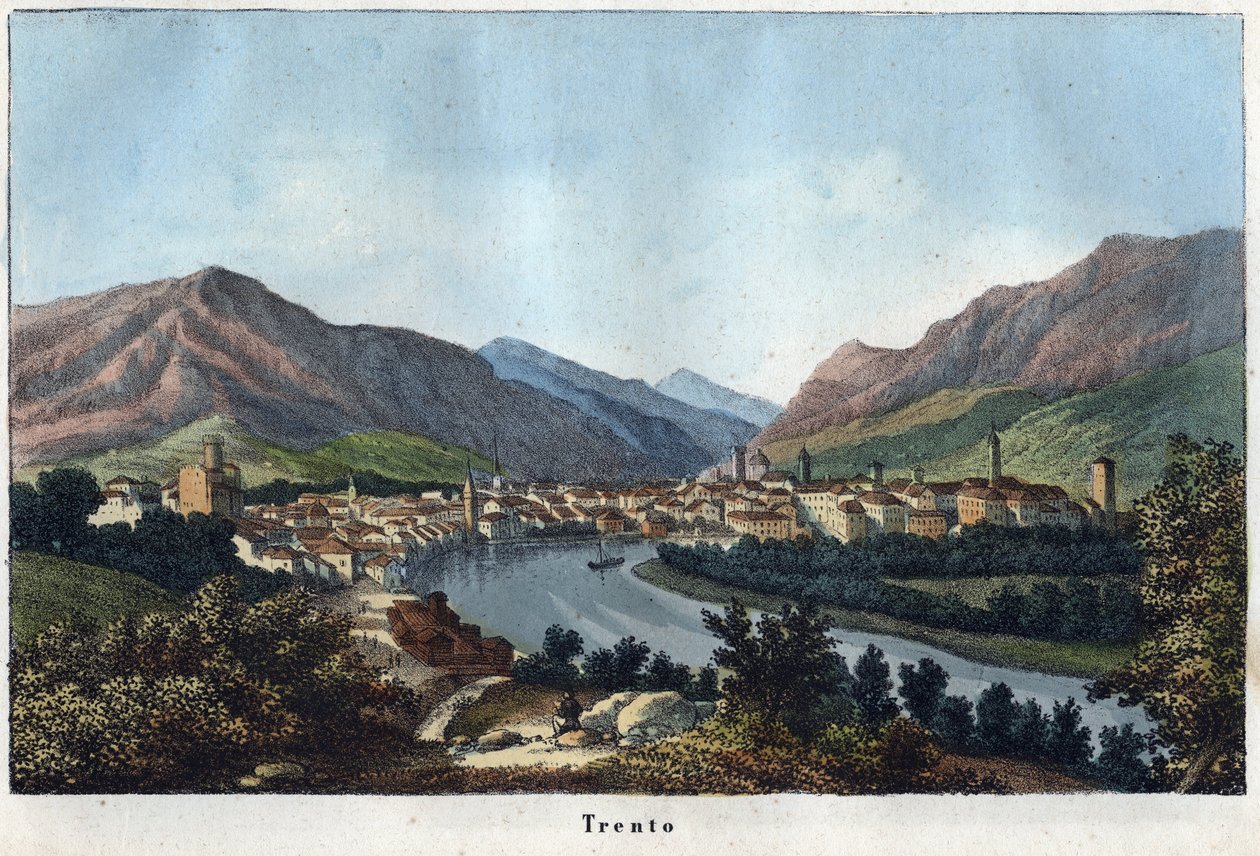 Widok Trydentu (Południowy Tyrol, Włochy) (Trento) - XIX w. - grawer z „Użycia i zwyczaje wszystkich narodów wszechświata”. To jest historia rządów, praw, milicji, religii wszystkich narodów od najodleglejszych czasów po dni autorstwa Unknown artist
