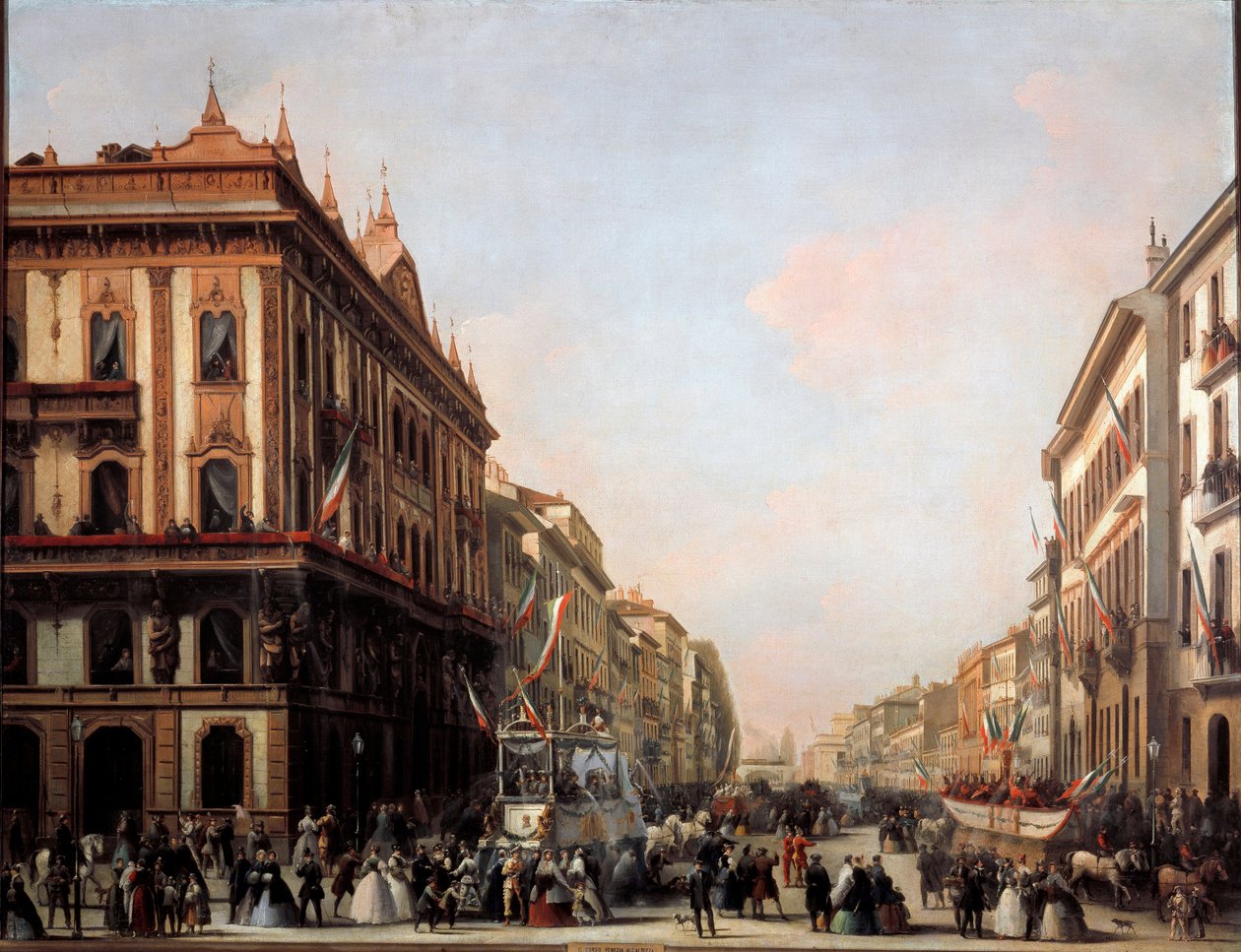 Widok ulicy Venezia z pływakiem karnawałowym, Mediolan (obraz autorstwa Unknown artist