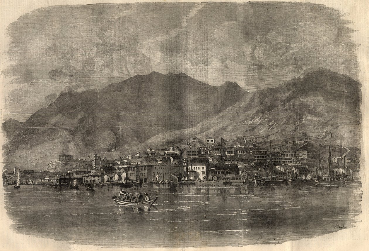 Widok na miasto Victoria w Hongkongu. Grawerowanie w „The Illustrated London News”” z 14 marca autorstwa Unknown artist