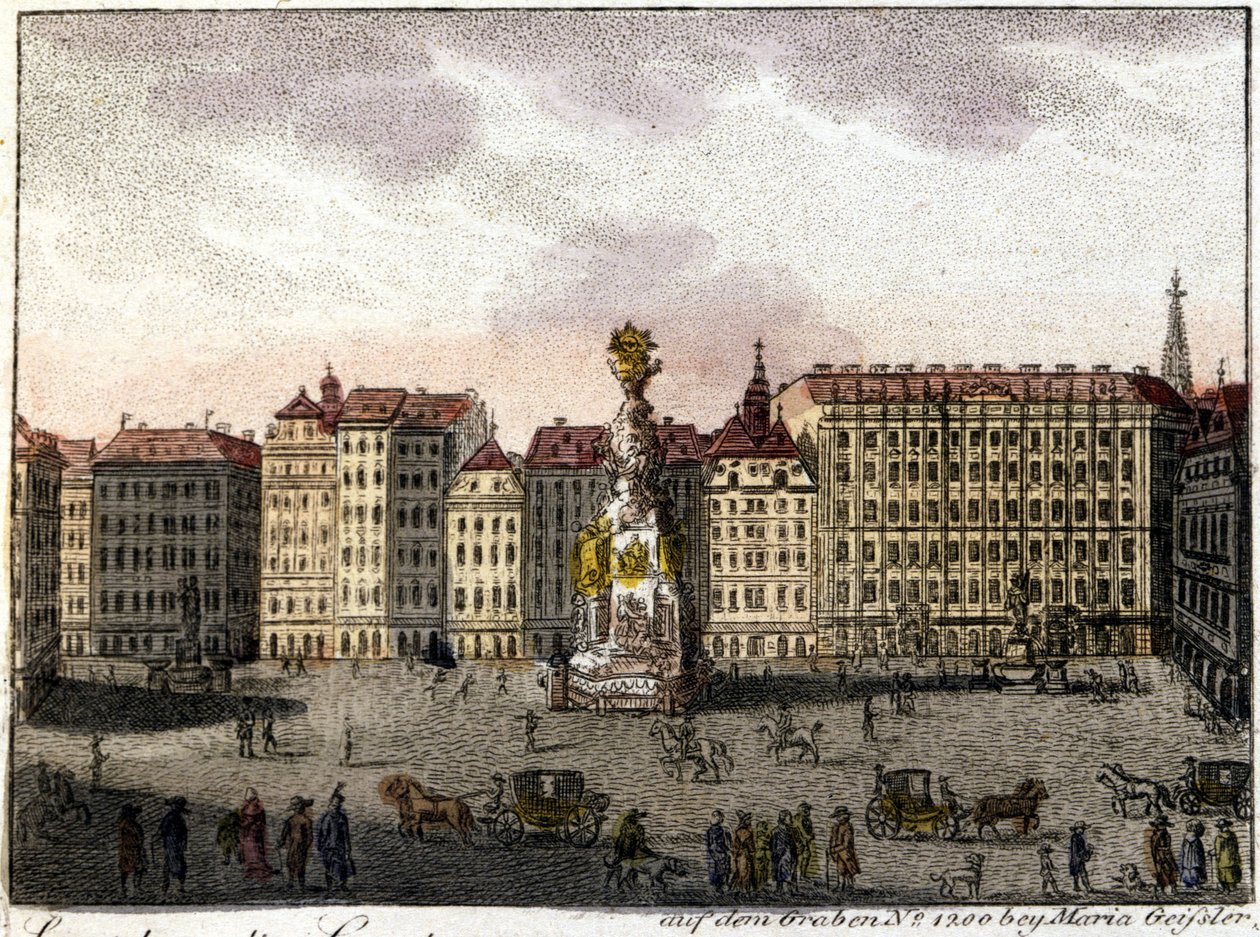 Widok na Wiedeń i Plac Graben (pusty), który swoją nazwę wziął od rowu wykopanego przez Rzymian w celu obrony miasta. Litografia z połowy XIX wieku. autorstwa Unknown artist