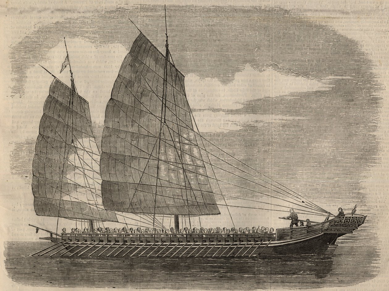 Widok chińskiego statku pirackiego w kantonie. Grawerowanie w „The Illustrated London News”” z 31 stycznia autorstwa Unknown artist