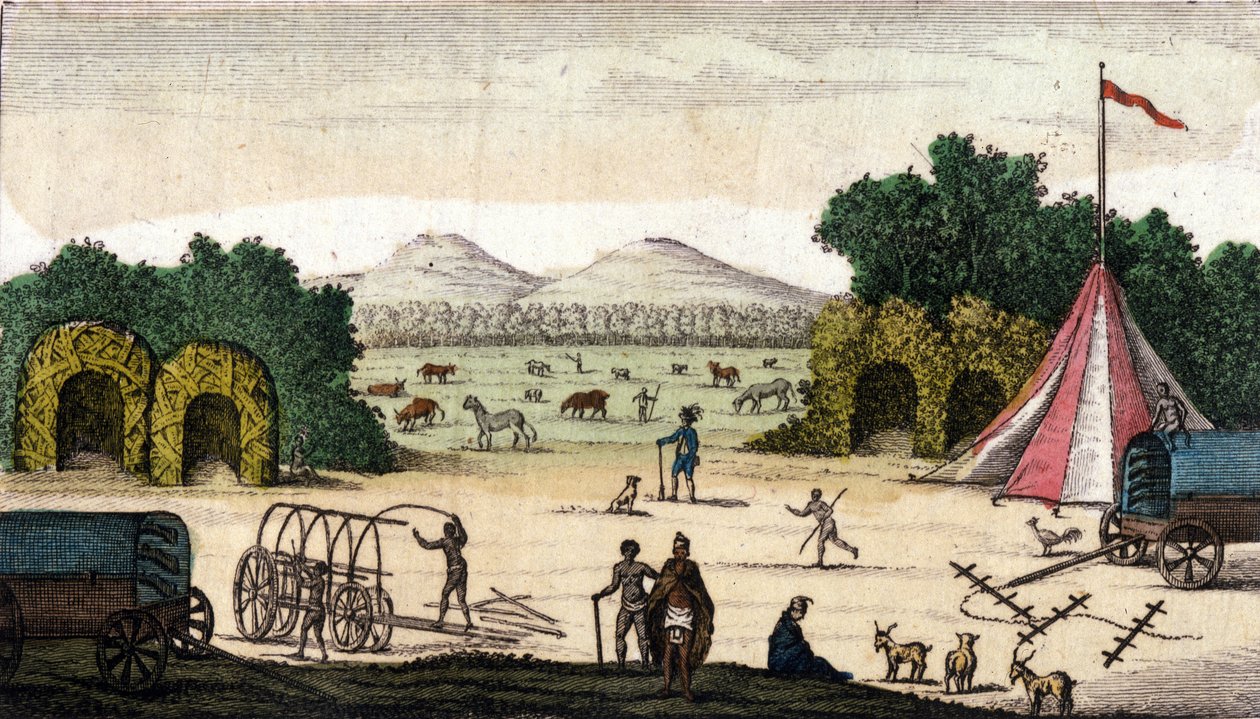 Widok na obóz holenderski (od Pioneers Boers lub Voortrekkers, Afrikaners) w Pampoen Kraal (Pampoen-Kraal), Prowincja Przylądkowa, Republika Południowej Afryki. 1860 autorstwa Unknown artist