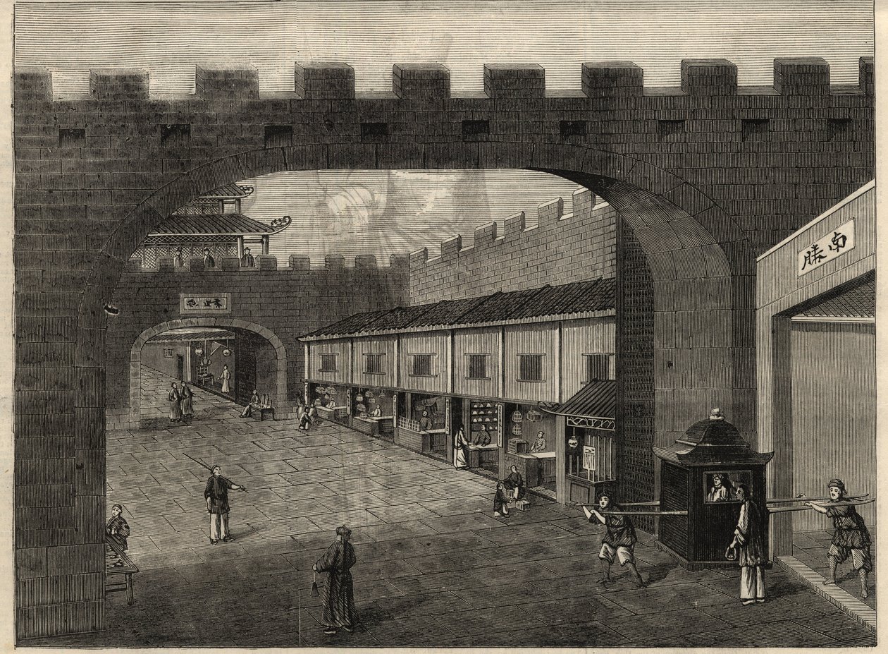 Widok ulicy w murach miasta Guangzhou, Chiny. Grawerowanie w „The Illustrated London News”” z 14 lutego 1857 r. autorstwa Unknown artist