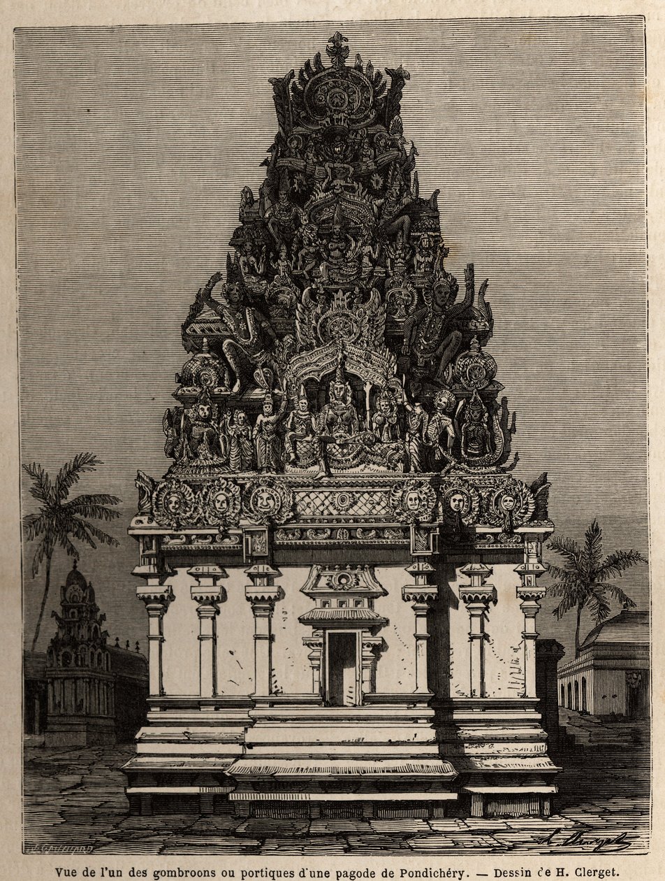Widok jednego z gombrooonów lub portyków pagody pondichery (Pondicherry) (Indie). Grawer ilustrujący wyprawę do pagody Chillambaran (cote Coromandel), w latach 1838-1844, kontradmirała Parisa, dyrektora depot des cartes autorstwa Unknown artist