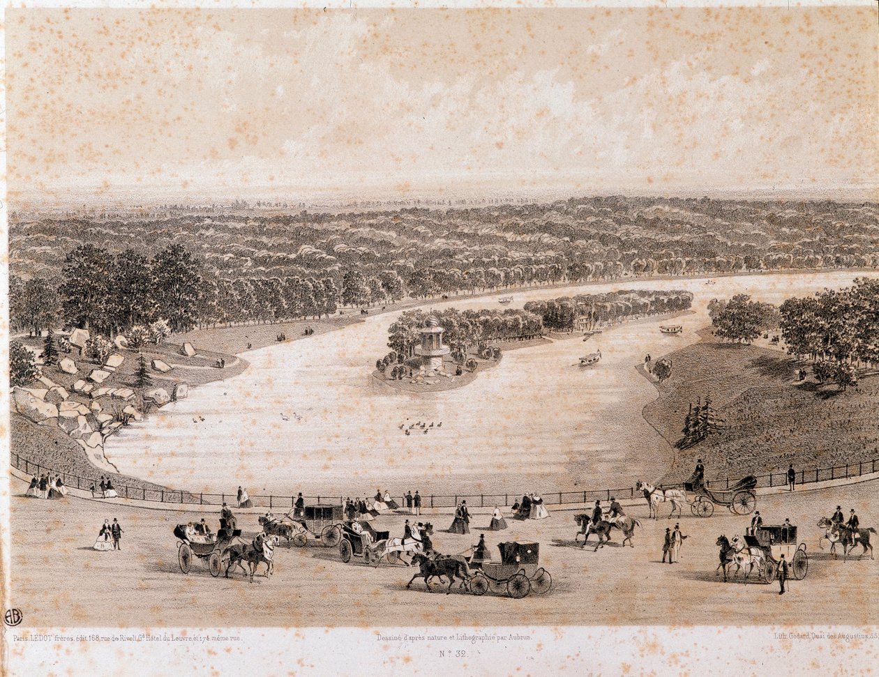 Widok na Lasek Buloński w Paryżu. Litografia z 1850 r. Zbiory prywatne autorstwa Unknown artist