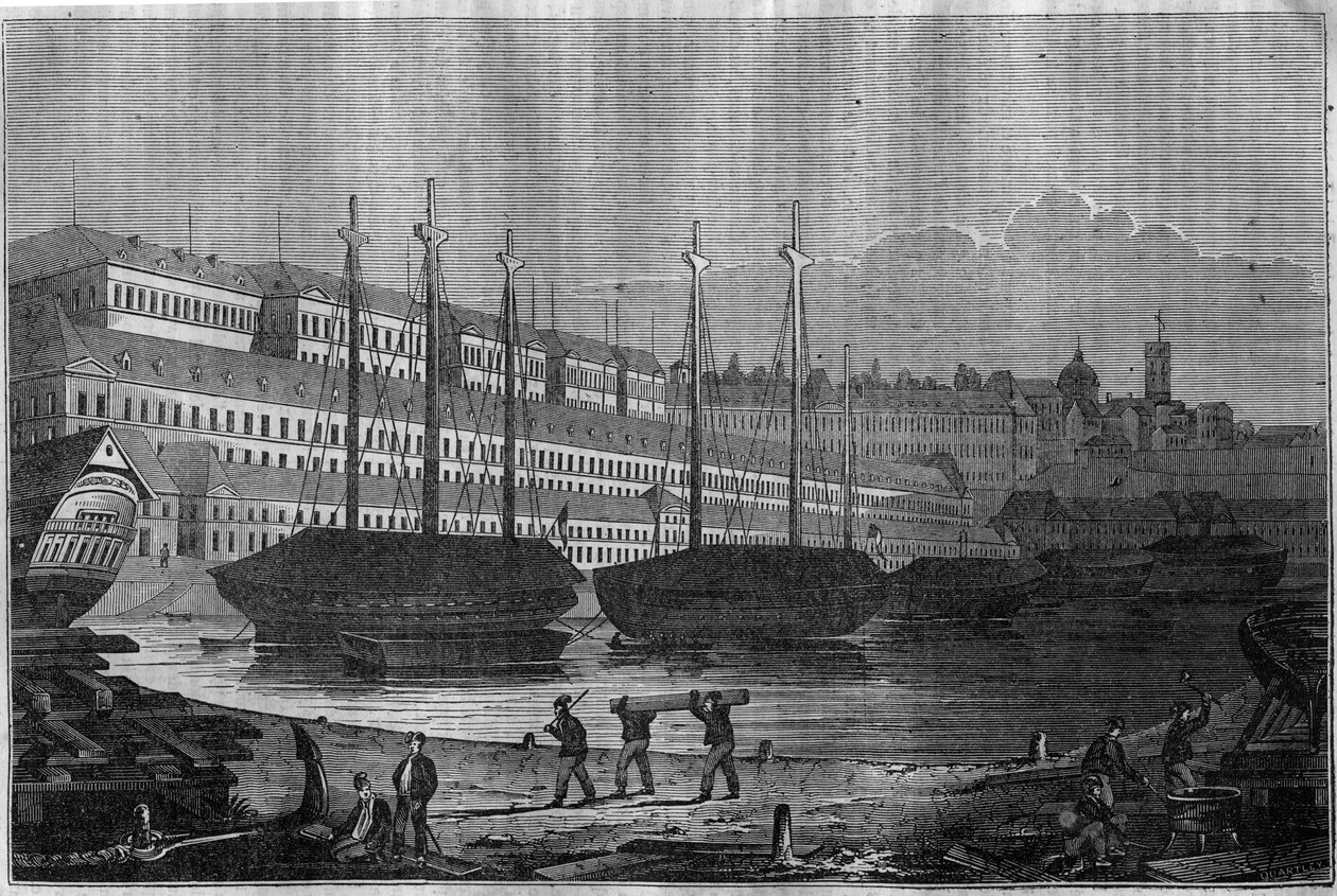Widok na Corderies, Bagne i wieżę Saint Louis (Saint-Louis) w Brześciu. W „”Malowniczym sklepie”” 1835 autorstwa Unknown artist
