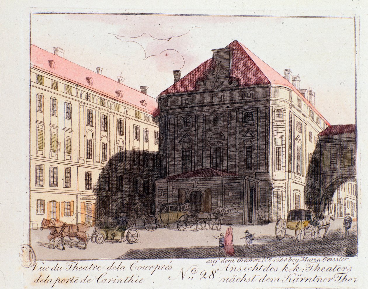 Widok Teatru Dworskiego w pobliżu Bramy Karyntii (Karntnertortheater lub Theater am Karntnertor) w Wiedniu, gdzie IX Symfonia Beethovena była po raz pierwszy reprezentowana w dniu 07.05.1824. Austria. Grawer z 1815 r. Kolekcja prywatna autorstwa Unknown artist