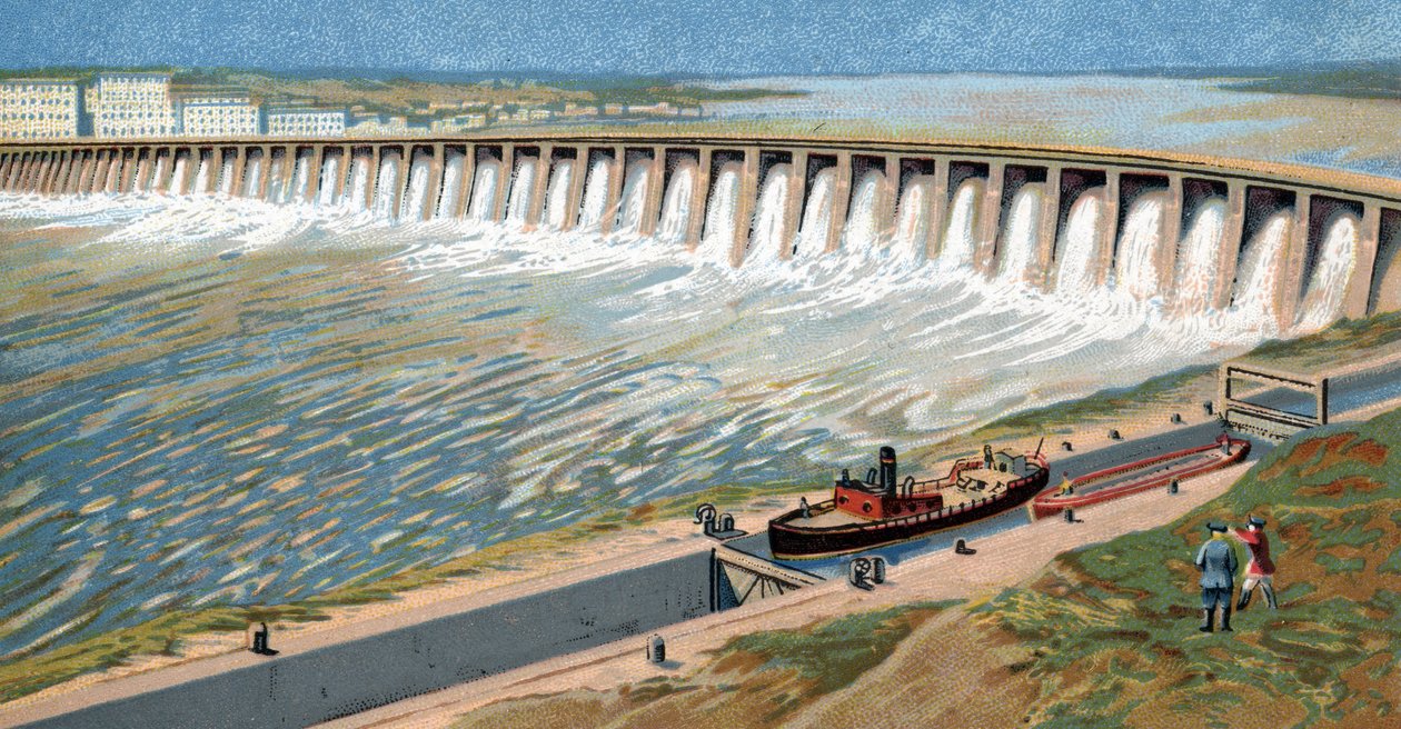 Widok stacji hydroelektrycznej Dniepr lub zapory Dnieprostroj zbudowanej w celu stymulowania radzieckiej industrializacji przez Józefa Stalina w 1932 r. Chromolitografia autorstwa Unknown Artist
