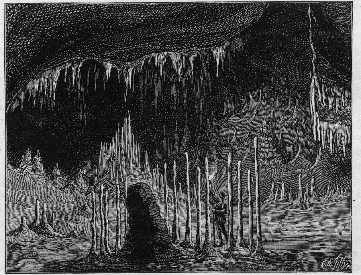 Widok „Sali Kościoła”” w jaskini Dargilan (Lozere). Grawer w „” La Nature. Revue des sciences et de ses applications aux arts et a l