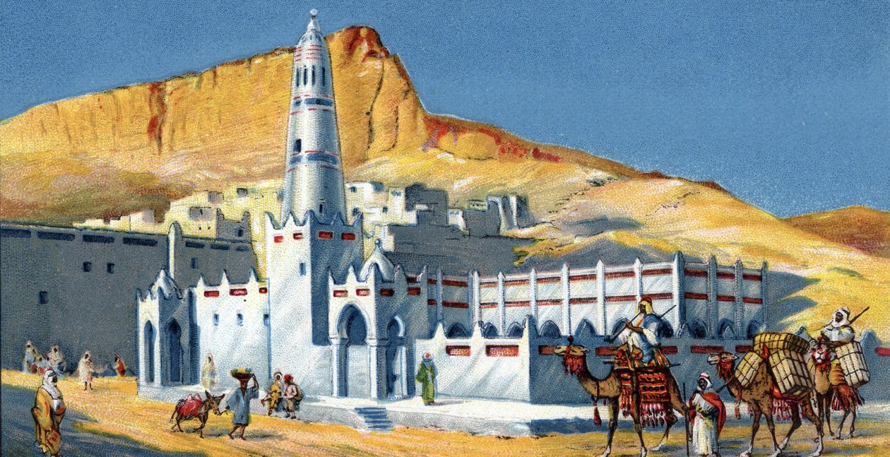 Widok meczetu Horeda, pustynia Hadramaout, Jemen (Horeda Mosque Hadramaut Yemen) Chromolitografia z 1930 r. Kolekcja prywatna autorstwa Unknown Artist