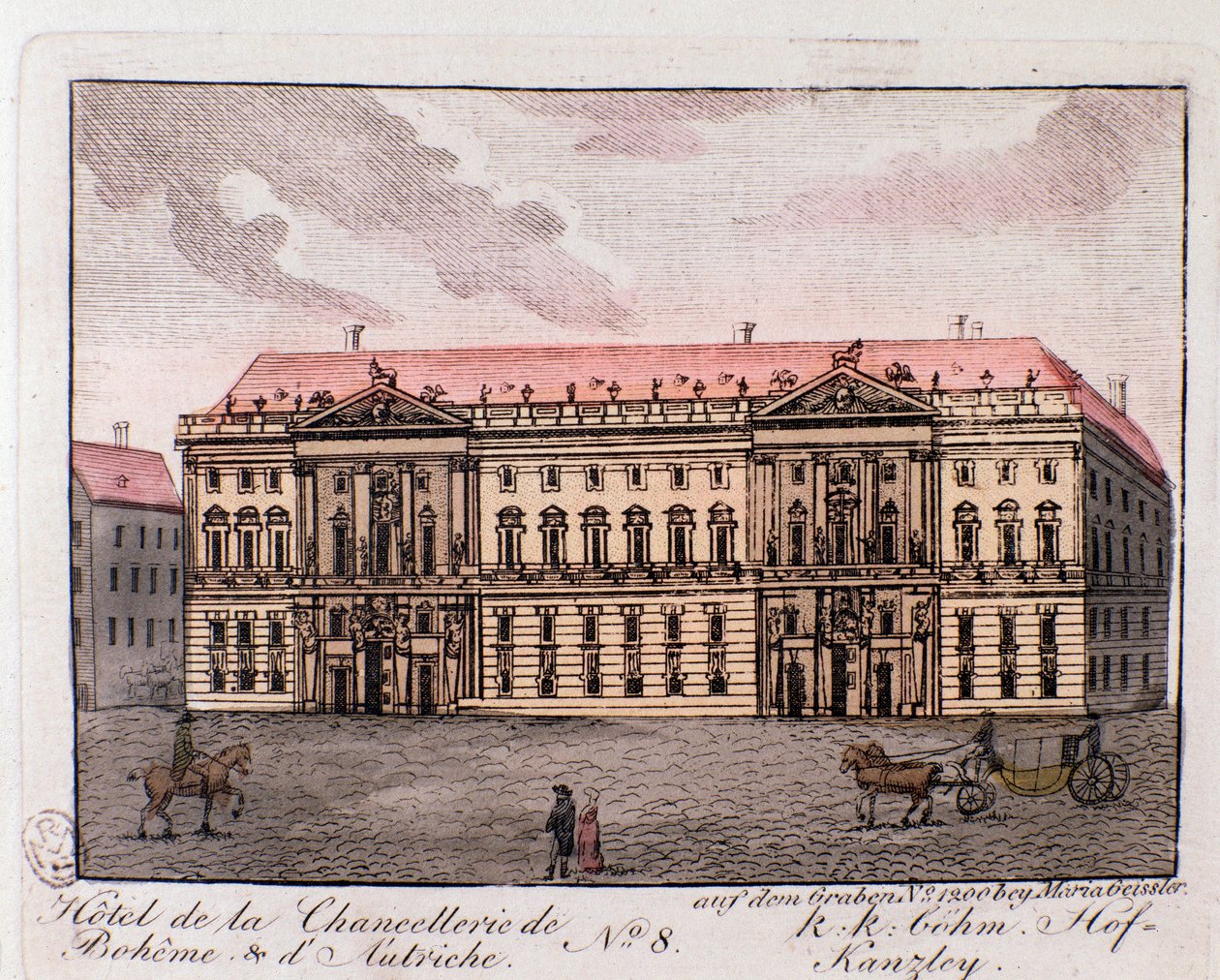 Widok na Hotel Kancelarii Cyganerii i Austrii w Wiedniu, Austria. Grawer z 1815 r. Kolekcja prywatna autorstwa Unknown artist