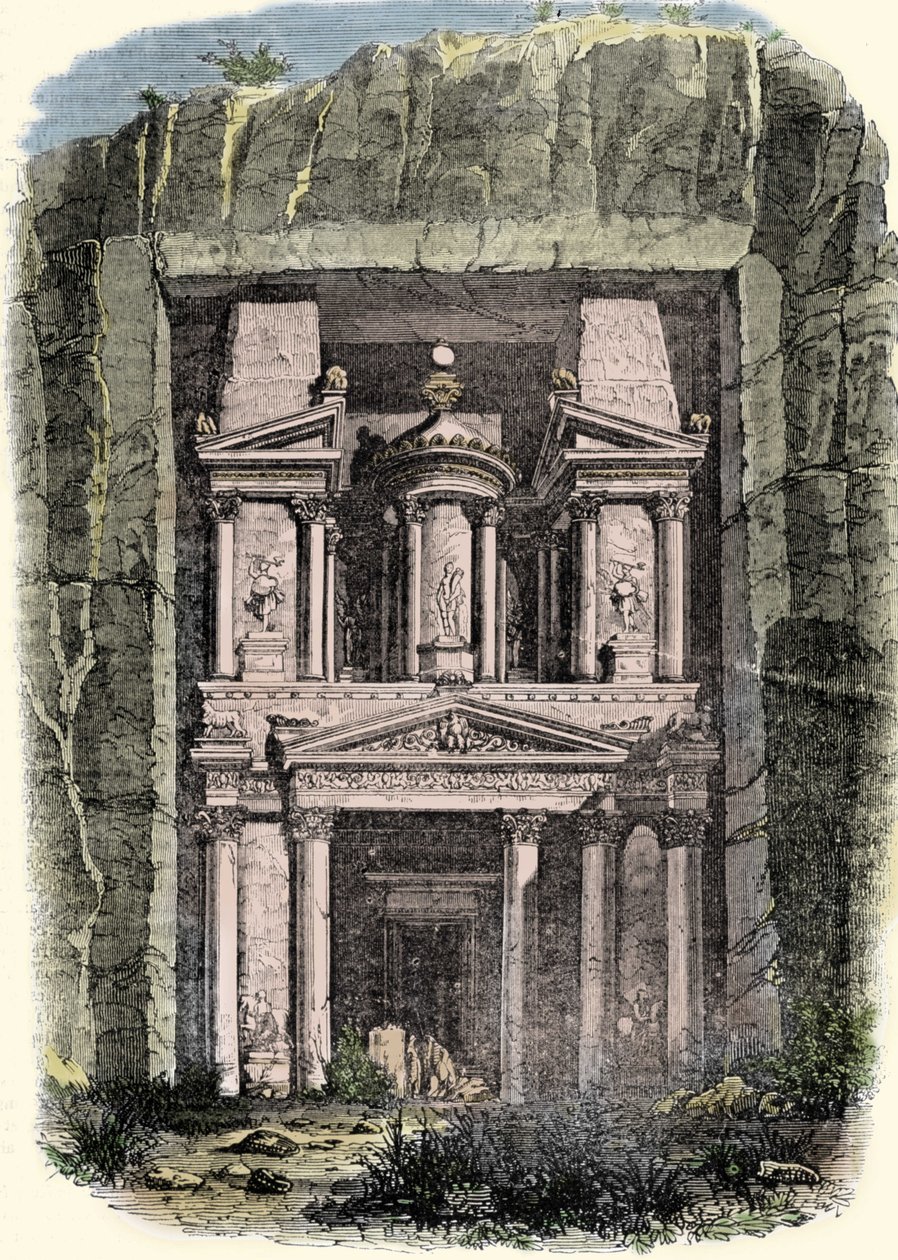 Widok na Khazneh (Tresor) Petry w Jordanii, dawnej stolicy Imperium Nabatejskiego. Rycina XIX wieku autorstwa Unknown artist