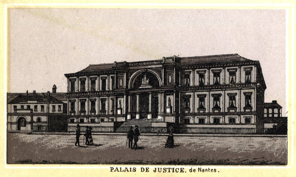 Widok na Pałac Sprawiedliwości Nantes (Loire-Atlantique, Pays de la Loire), Francja. Chromolitografia z końca XIX wieku. autorstwa Unknown artist