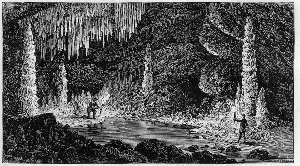 Widok na jaskinię Reclere w Szwajcarii. Grawerowanie w „” Naturze. Czasopismo nauki i jego zastosowania w sztuce i przemyśle. autorstwa Unknown artist