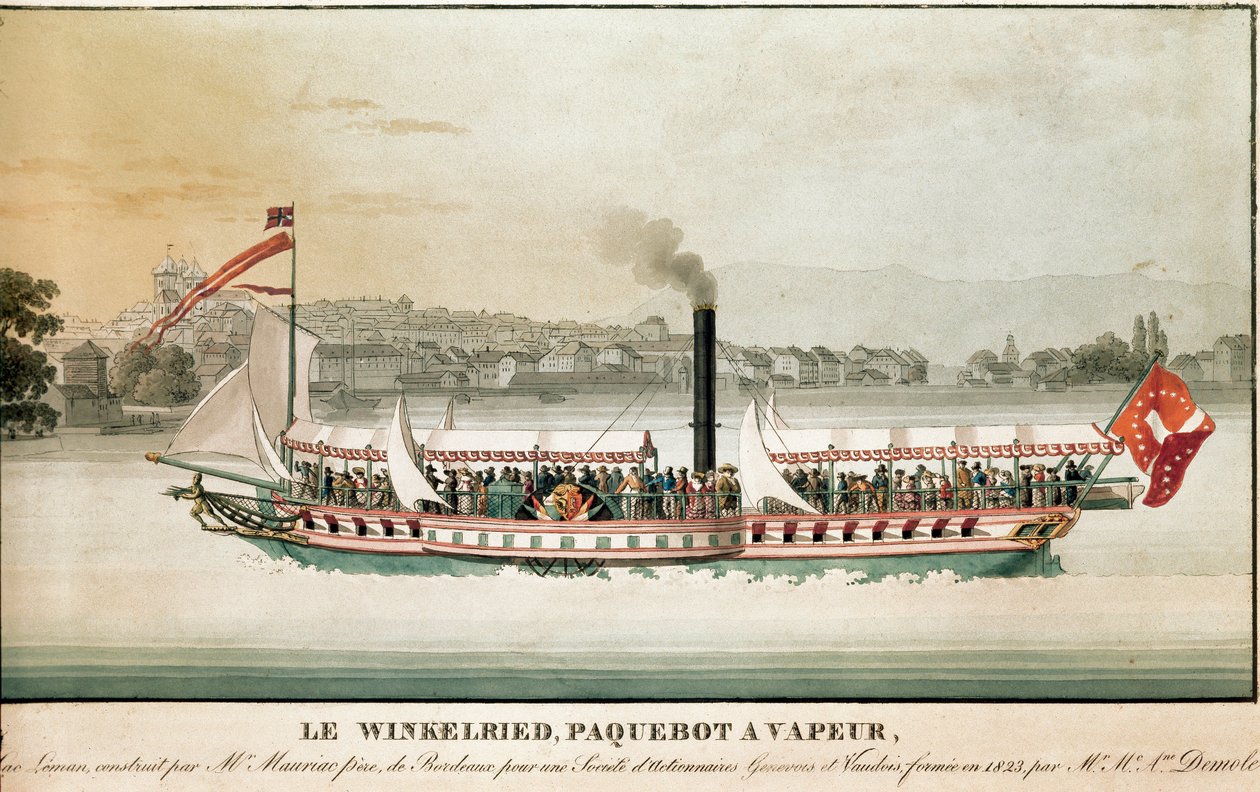 Widok na parowiec Winkelried na jeziorze Leman, Szwajcaria (druk XIX w.) autorstwa Unknown artist