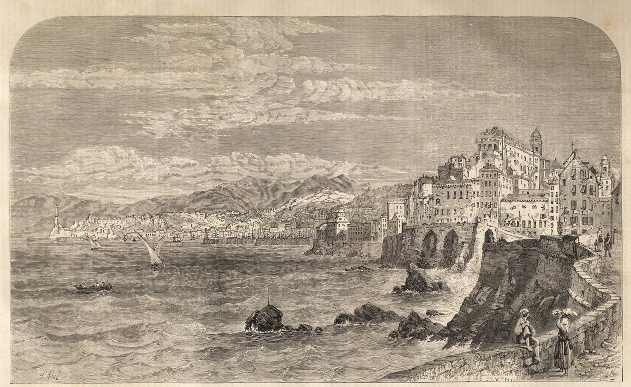 Widok na starożytny port w Genui - Widok na port w Genui - Genova en 1861 - Grawerowanie autorstwa Unknown artist