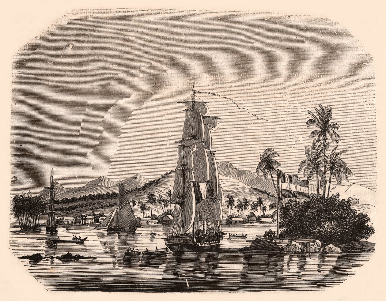 Widok na zatokę Papeete i blok Queen, Tahiti, Polinezja Francuska oraz na pierwszym planie żaglówki i łodzie autorstwa Unknown