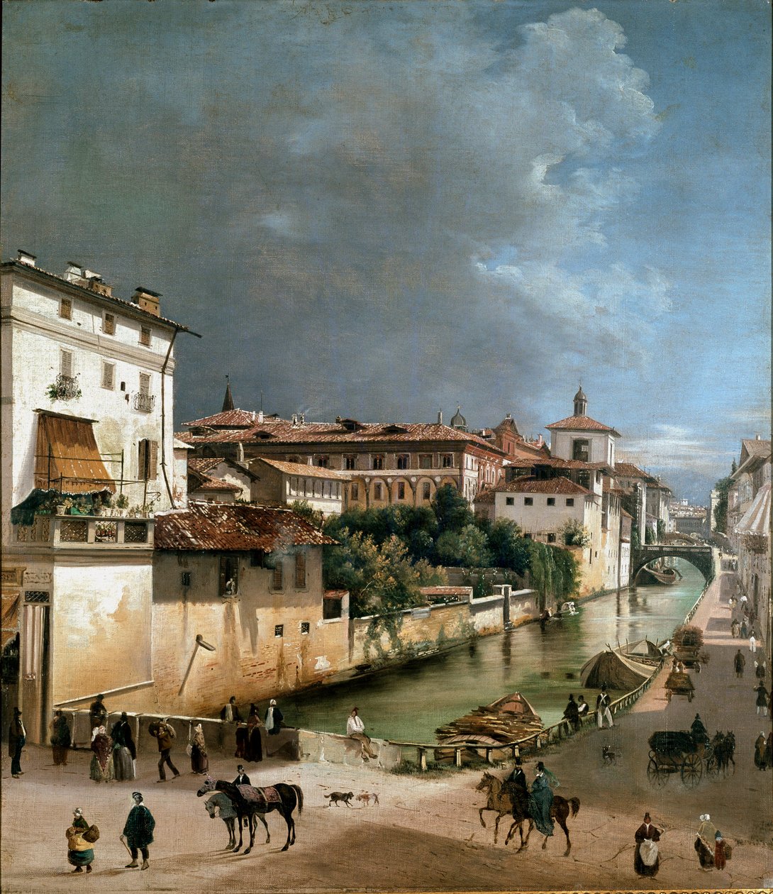 Widok na kanał między mostem porta romana a mostem szpitalnym w Mediolanie (olej na drewnie) autorstwa Unknown artist