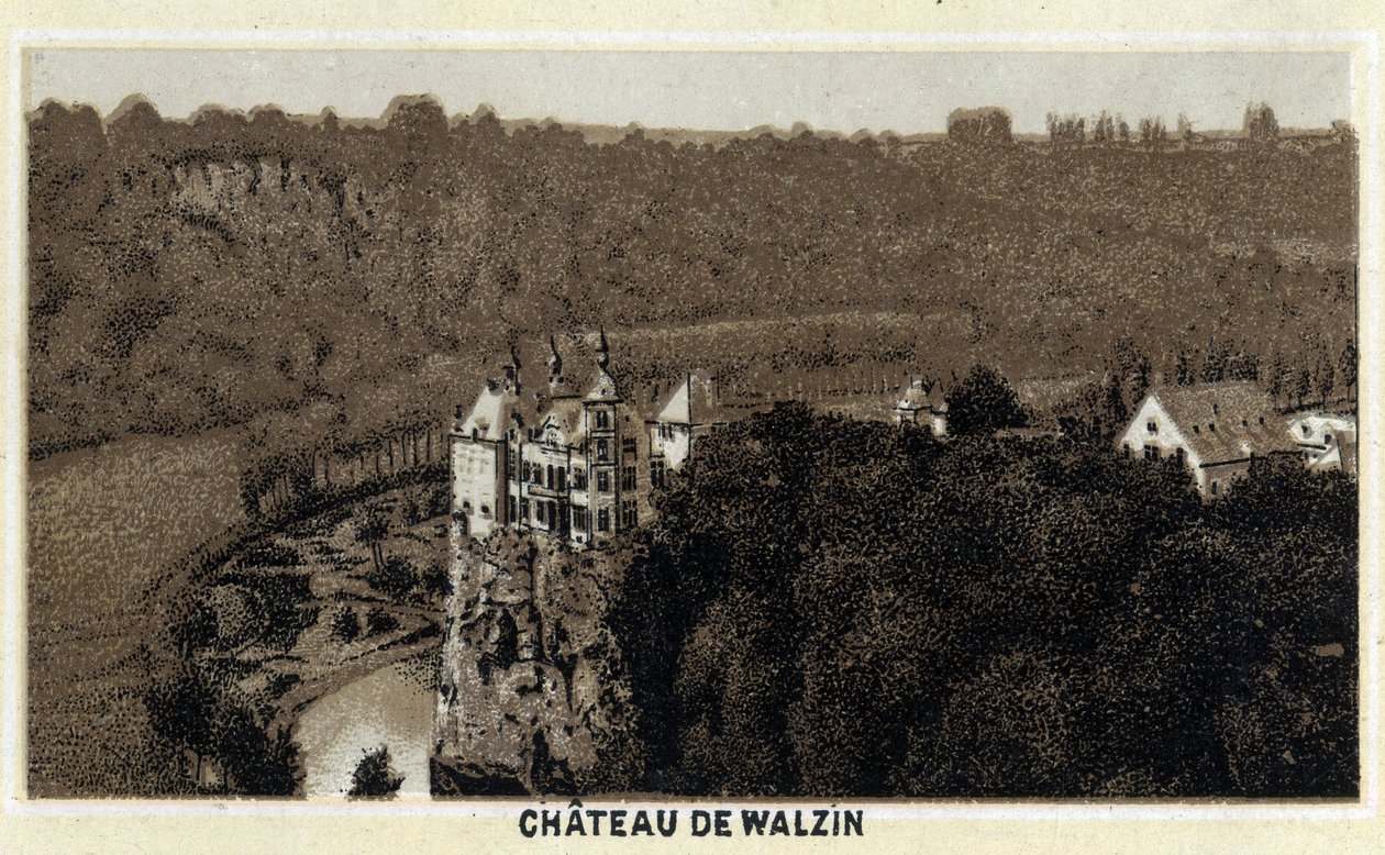 Widok na zamek Walzin w Walonii (Belgia) nad brzegiem rzeki Lesse. Chromolitografia z końca XIX wieku. autorstwa Unknown artist