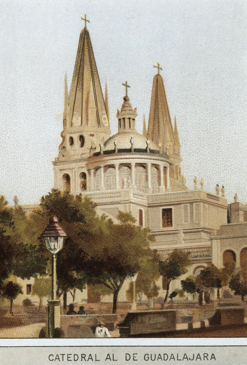 Widok na katedrę Guadalajara w Mexico City, Meksyk. Chromolitografia XIX wieku autorstwa Unknown artist
