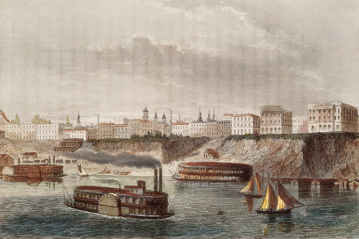 „„Widok na miasto Cincinnati i rzekę o tej samej nazwie w stanie Ohio””Płynie parowe i kołowe. Grawerowanie XIX wieku autorstwa Unknown artist