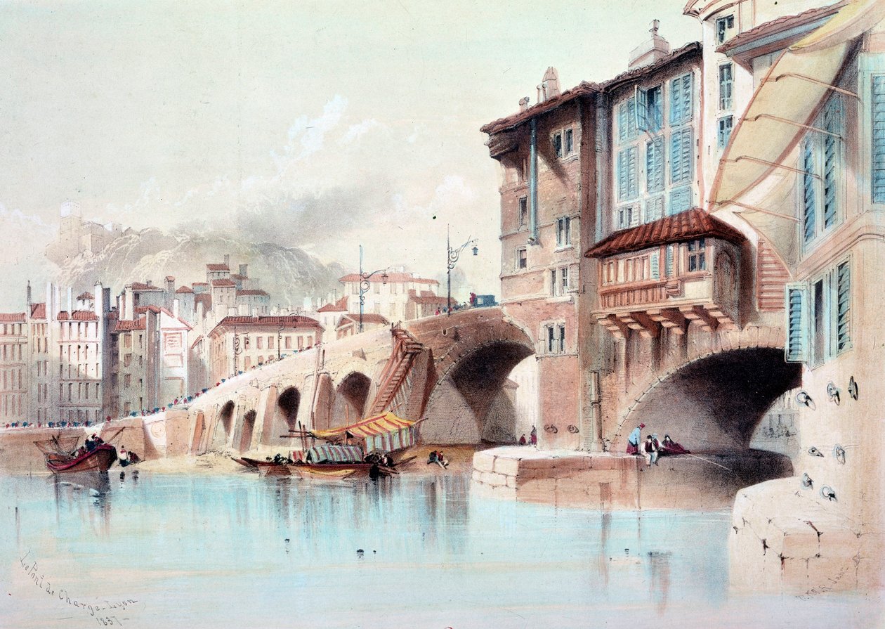 Widok na miasto Lyon i most Pont de Charge. Akwarela z 1837 r. Paryż, B.N. autorstwa Unknown artist
